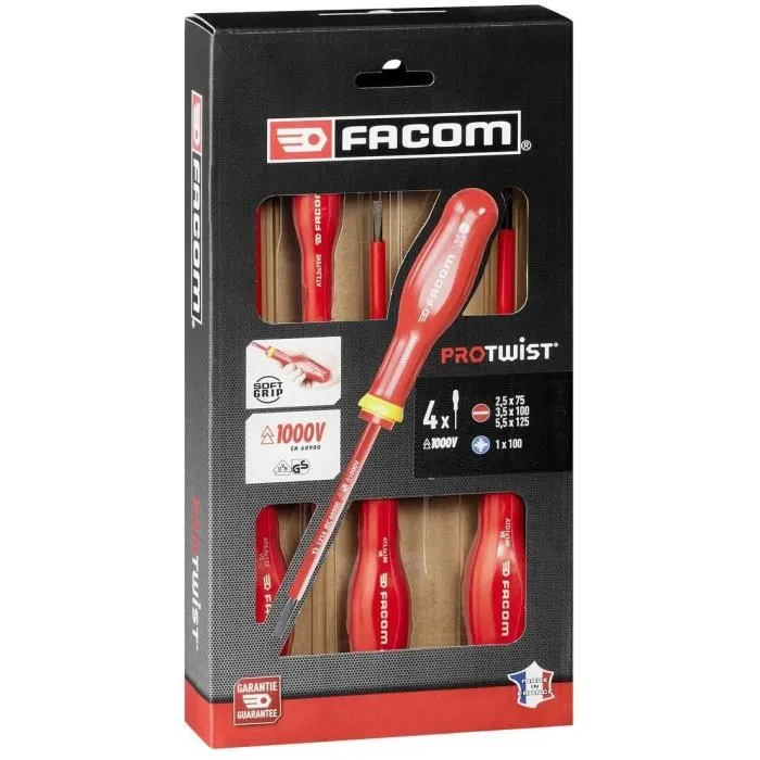 Facom AT4VEPB - Jeu de 4 Tournevis Isolés pour Électricité 1000V (Fente & Pozidriv) 2,5x50, 3,5x100, 5,5x150, 1x100