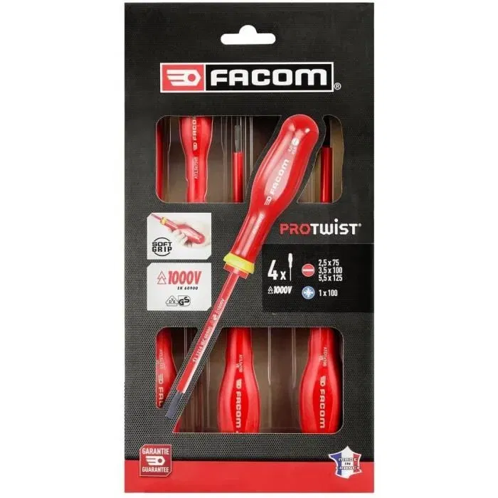 Facom AT4VEPB - Jeu de 4 Tournevis Isolés pour Électricité 1000V (Fente & Pozidriv) 2,5x50, 3,5x100, 5,5x150, 1x100