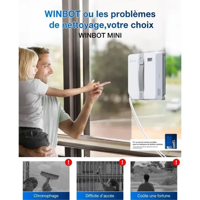 Ecovacs WINBOT Mini Robot lave-vitre compact - Double buses à pulvérisation ultrasonique, aspiration 7500 Pa pour vitres jusqu'à 30 m²