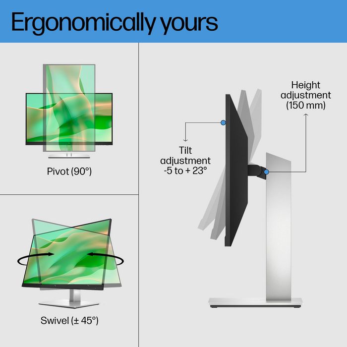 HP Moniteur E24 G4 60.5 cm (23.8") Full HD IPS, 1920x1080, 5ms, 250 cd/m², sans scintillement, HP Eye Ease, réglage quadridirectionnel