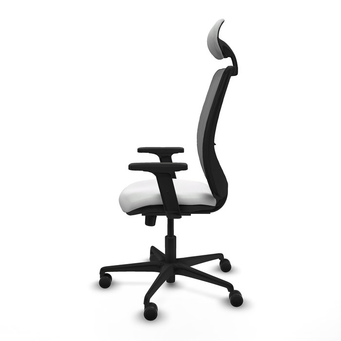 Chaise Zulema Synchro 3 positions tissu Blanc Maille Gris Base en nylon noir Accoudoir 2D Appui-tête Roulettes 65mm nylon