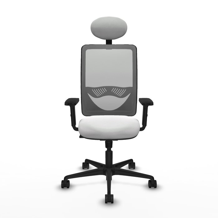 Chaise Zulema Synchro 3 positions tissu Blanc Maille Gris Base en nylon noir Accoudoir 2D Appui-tête Roulettes 65mm nylon