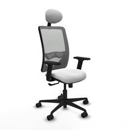 Chaise Zulema Synchro 3 positions tissu Blanc Maille Gris Base en nylon noir Accoudoir 2D Appui-tête Roulettes 65mm nylon