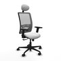 Chaise Zulema Synchro 3 positions tissu Blanc Maille Gris Base en nylon noir Accoudoir 2D Appui-tête Roulettes 65mm nylon