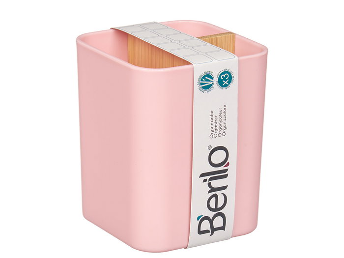 Berilo Organisateur Carré 3 Tiroirs en Bambou et Plastique Rose 9x11x9 cm (Set de 6)