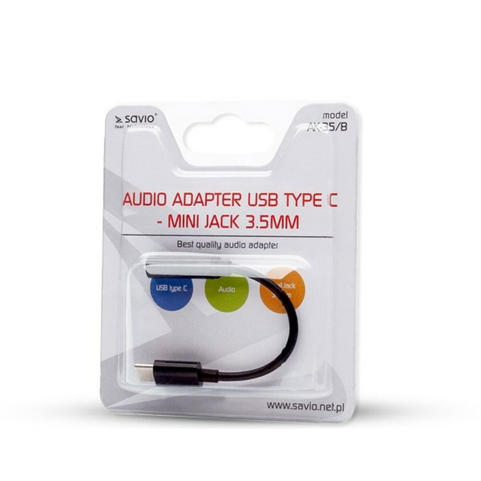 SAVIO Câble USB 3.1 vers Jack 3,5mm et USB C, 0,12m, noir