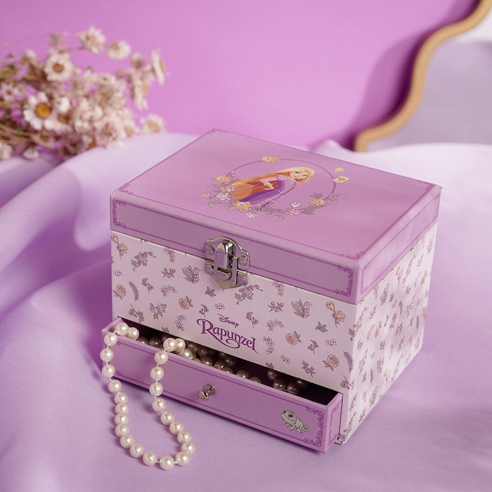 WIDDOP & CO Joyer Musical Rapunzel Princesses Disney - Coffret à Bijoux avec Mélodie et Tiroir à Souvenirs, Motif Floral