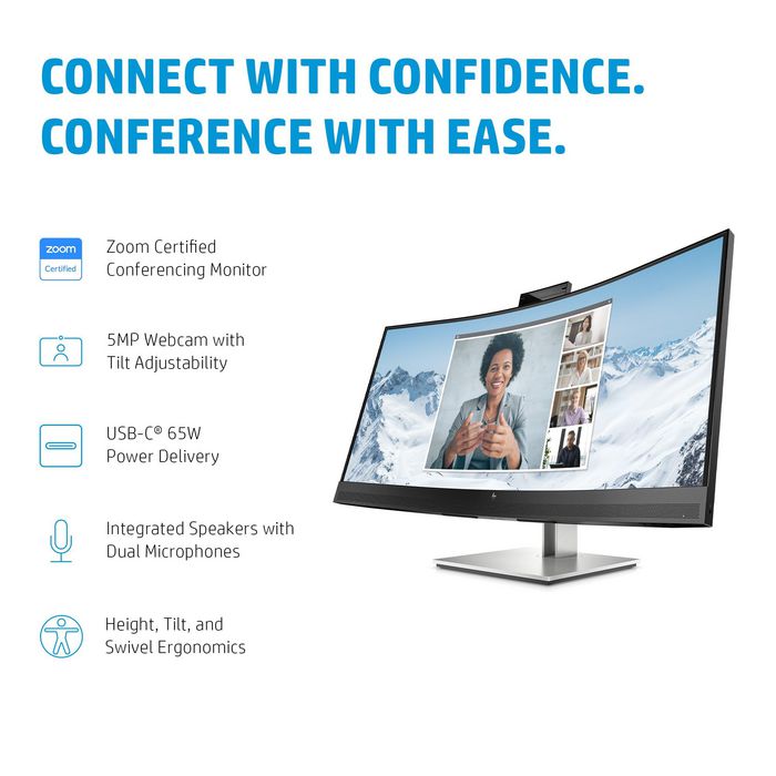 HP E34m G4 - Écran courbé WQHD 34" pour visioconférence avec webcam 5 MP, micros, HP intégrés et USB-C 65W HP E34m G4 - Écran courbé WQHD 34" pour visioconférence avec webcam 5 MP, micros, HP intégrés et USB-C 65W
