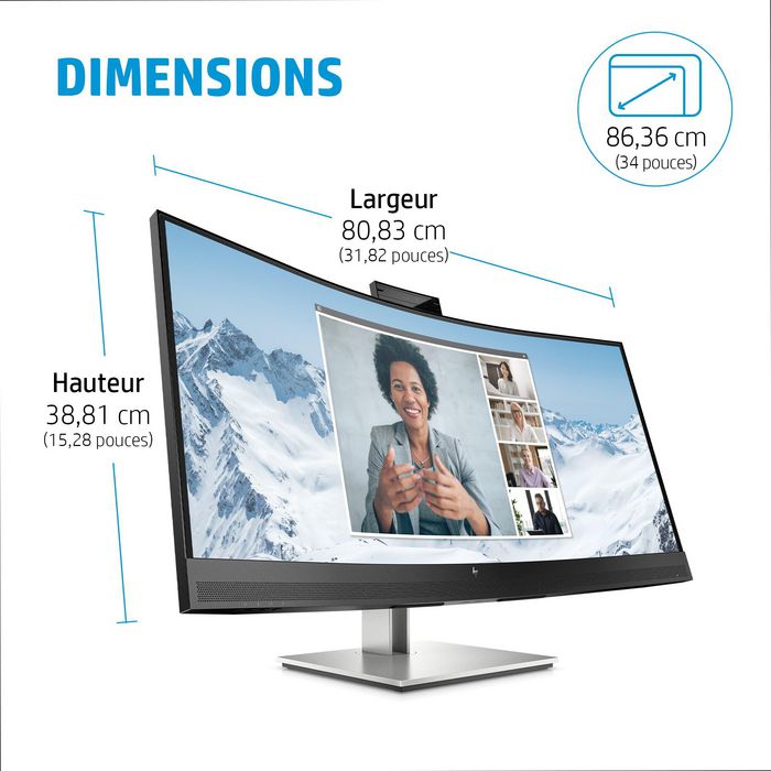 HP E34m G4 - Écran courbé WQHD 34" pour visioconférence avec webcam 5 MP, micros, HP intégrés et USB-C 65W HP E34m G4 - Écran courbé WQHD 34" pour visioconférence avec webcam 5 MP, micros, HP intégrés et USB-C 65W