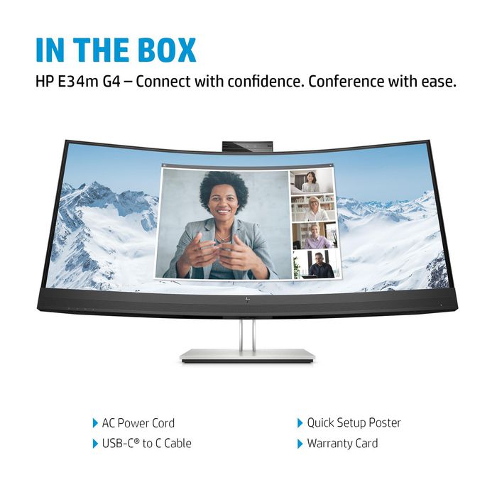HP E34m G4 - Écran courbé WQHD 34" pour visioconférence avec webcam 5 MP, micros, HP intégrés et USB-C 65W HP E34m G4 - Écran courbé WQHD 34" pour visioconférence avec webcam 5 MP, micros, HP intégrés et USB-C 65W