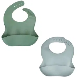 Thermobaby - Lot de 2 bavoirs en silicone avec poche récupératrice - Étanches et réglables sur 4 positions - Vert Cactus et Gris