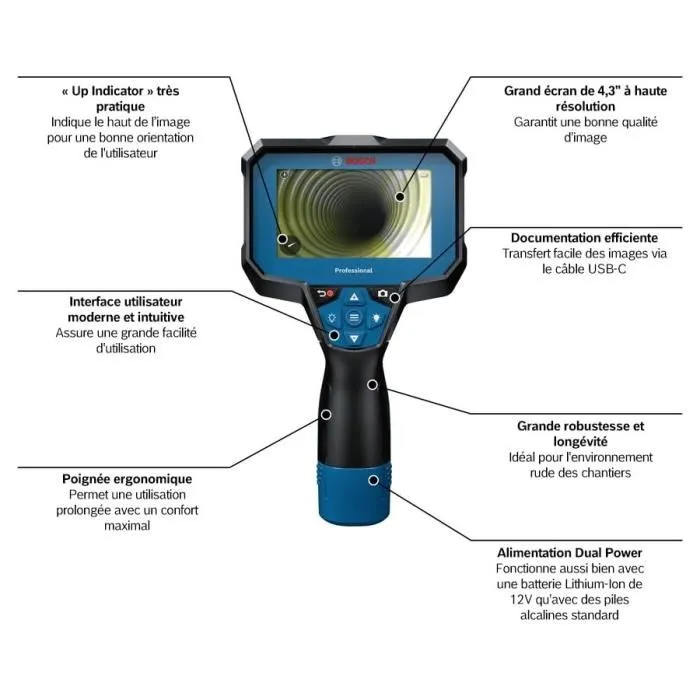 Bosch Professional GIC 12V-4-23 C Caméra d'inspection à piles avec écran LCD 4.3 pouces 800x480 pixels, indication Up
