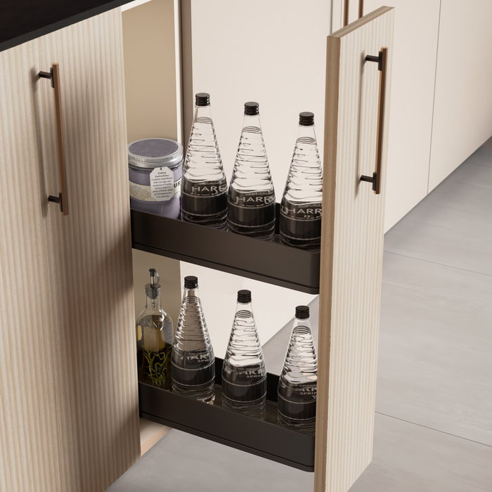Emuca Porte-bouteilles latéral extractible Harmony avec fermeture amortie, Module largeur 150mm hauteur 700mm, Acier et Bois, Gris anthracite Emuca Porte-bouteilles latéral extractible Harmony avec fermeture amortie, Module largeur 150mm hauteur 700mm, Acier et Bois, Gris anthracite
