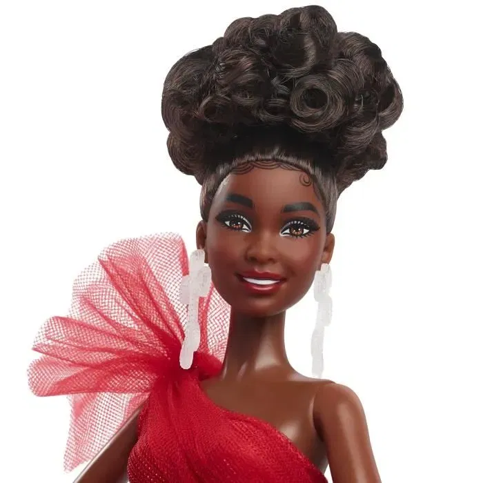 Barbie Poupée HRM62 Joyeux Noël Brune avec Robe Rouge à Carreaux, Pour Enfants dès 3 ans