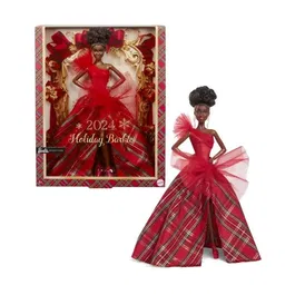 Barbie Poupée HRM62 Joyeux Noël Brune avec Robe Rouge à Carreaux, Pour Enfants dès 3 ans