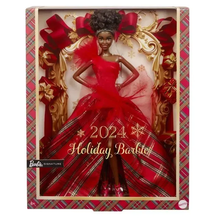 Barbie Poupée HRM62 Joyeux Noël Brune avec Robe Rouge à Carreaux, Pour Enfants dès 3 ans