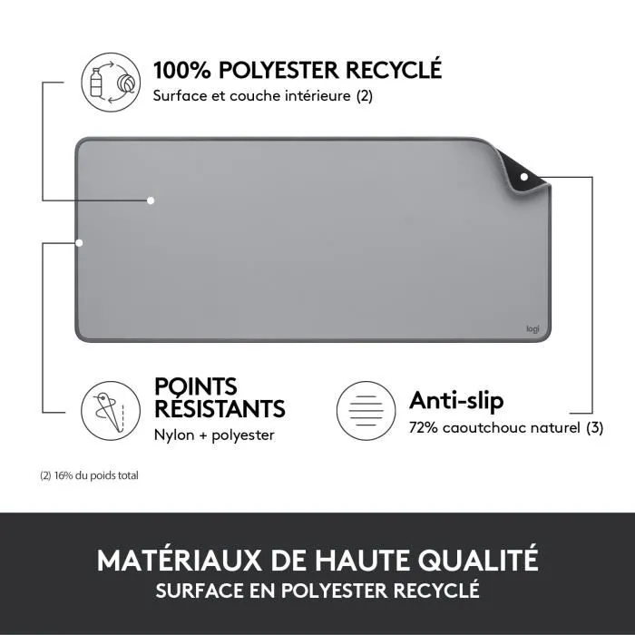 Logitech - Tapis de bureau Studio Série - Tapis de souris étendu pour confort et protection - Gris
