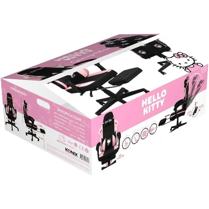 Konix Chaise Gaming Hello Kitty - Coussin mémoire de forme, inclinaison 150°, repose-pieds intégré, revêtement tissu - Noir et rose