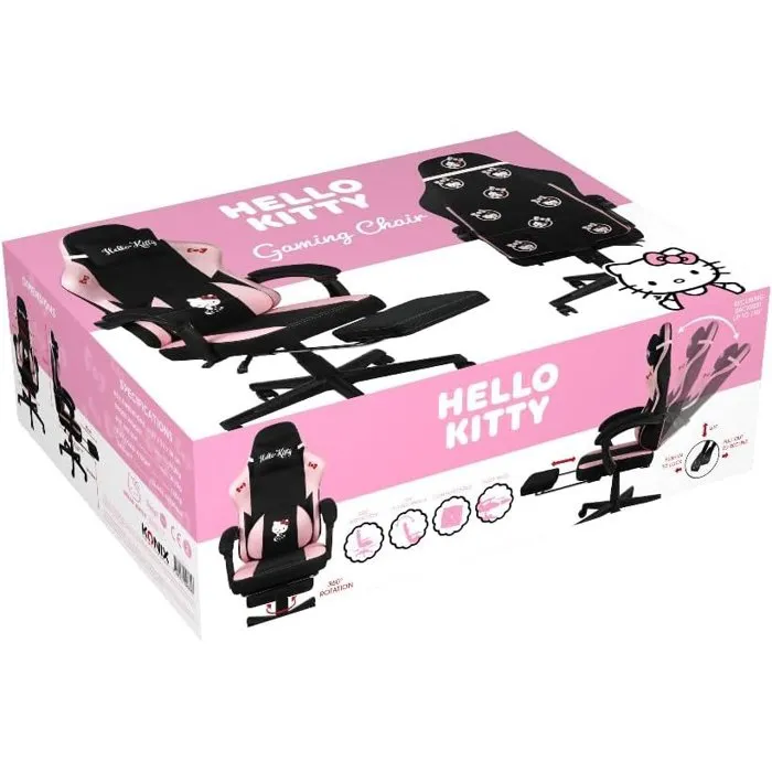Konix Chaise Gaming Hello Kitty - Coussin mémoire de forme, inclinaison 150°, repose-pieds intégré, revêtement tissu - Noir et rose