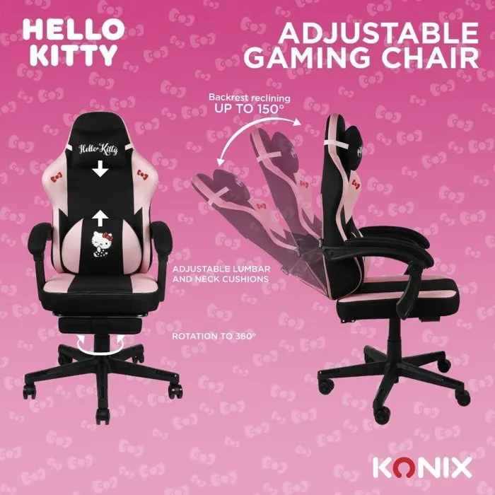 Konix Chaise Gaming Hello Kitty - Coussin mémoire de forme, inclinaison 150°, repose-pieds intégré, revêtement tissu - Noir et rose