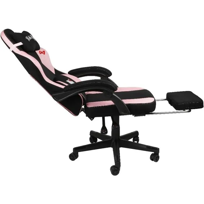 Konix Chaise Gaming Hello Kitty - Coussin mémoire de forme, inclinaison 150°, repose-pieds intégré, revêtement tissu - Noir et rose