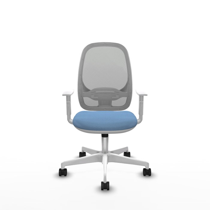 Chaise Cilanco Synchro 3 positions tissu Bleu ciel Maille Gris Structure polyamide blanc Accoudoirs blancs Sans appui-tête Roulettes 65mm nylon