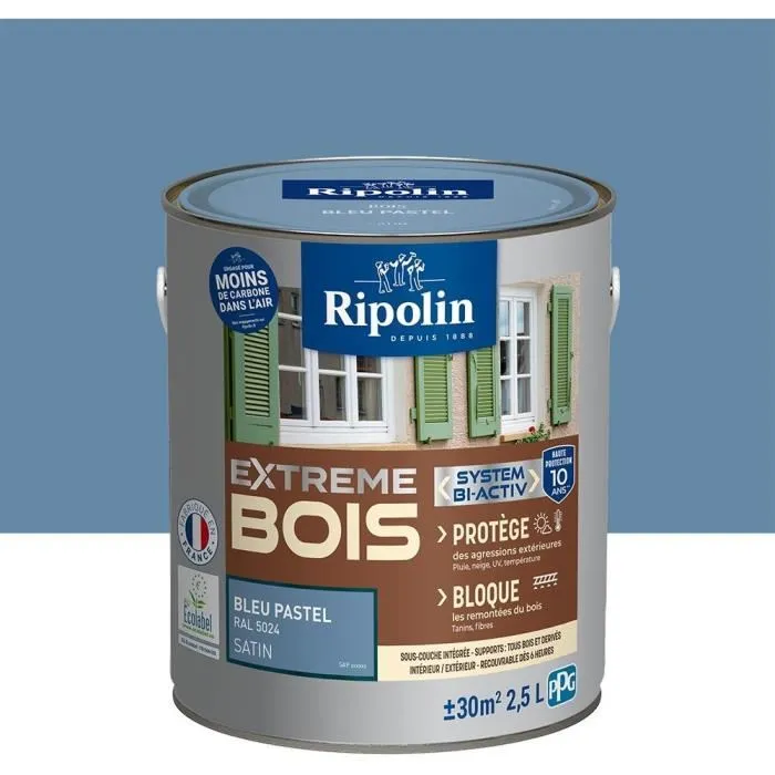 RIPOLIN Peinture Extreme Bois 2,5 L - Bleu Pastel RAL 5024 Finition Satin - Haute Opacité, Stabilité des Couleurs et Durabilité