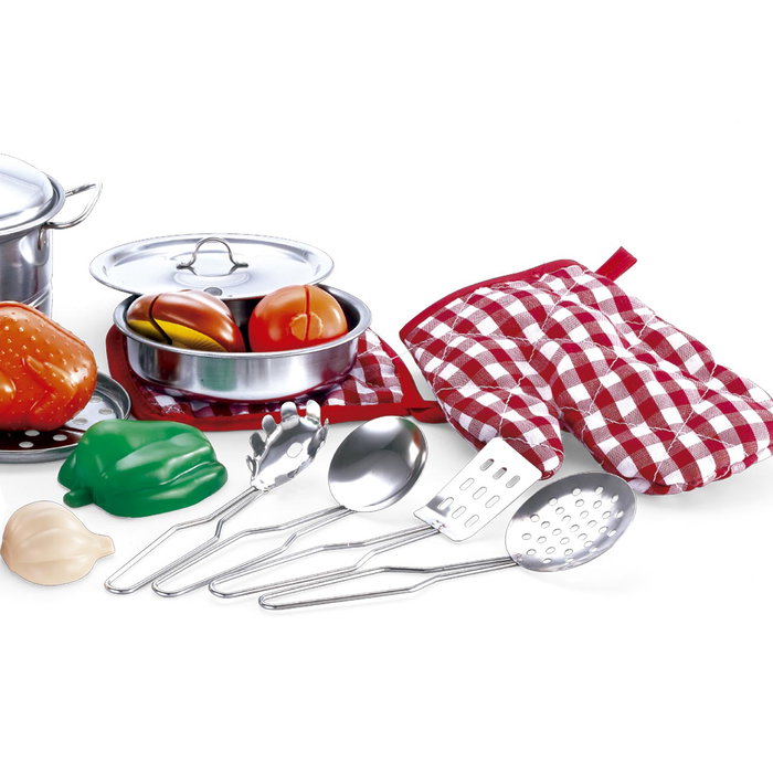 Tachan Set de Menage de Cuisine Jouet en Acier Inoxidable Imitation - 23 Pièces avec Aliments - Favorise la Créativité et la Motricité pour Enfants +3 ans