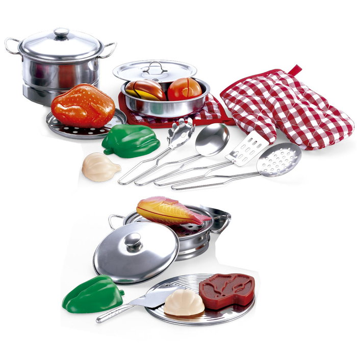 Tachan Set de Menage de Cuisine Jouet en Acier Inoxidable Imitation - 23 Pièces avec Aliments - Favorise la Créativité et la Motricité pour Enfants +3 ans