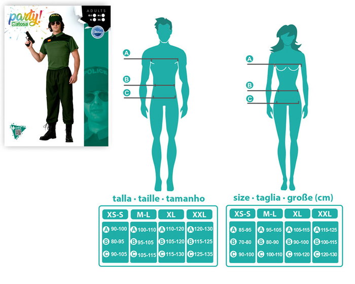 atosa Déguisement Guardia Civil - Camiseta Verde pour Homme Adulte Taille XS-S avec Pantalon et Casquette en Polyester