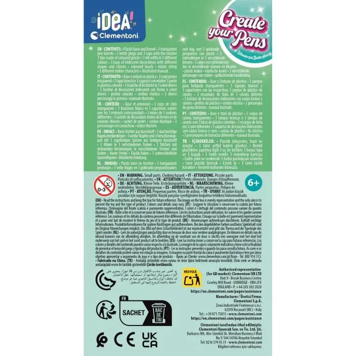 CLEMENTONI - Crée tes stylos - Wonderful Butterflies - Coffret créatif pour assembler et personnaliser 3 stylos à encre sur le thème des papillons - À partir de 6 ans