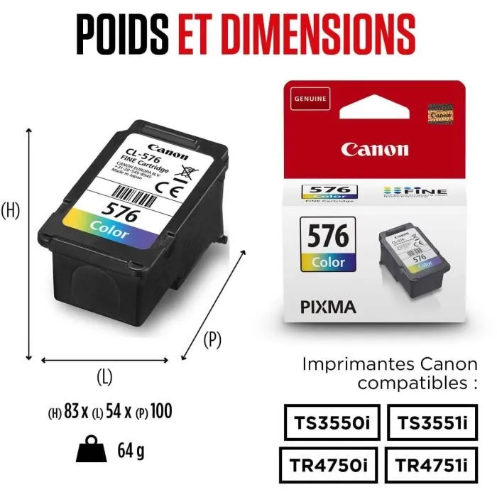 Canon Cartouche d'encre CL-576 Multicolore - Rendement 100 pages - Produit d'origine pour impressions durables et couleurs vives Canon Cartouche d'encre CL-576 Multicolore - Rendement 100 pages - Produit d'origine pour impressions durables et couleurs vives