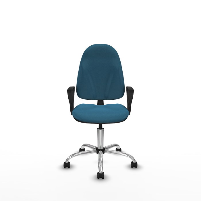 Chaise de bureau Algarra avec mécanisme Contact permanent de base, rembourrée de tissu vert pétrole. Équipée d'une base chromée, d'accoudoirs fixes et de roulettes autobloquantes.