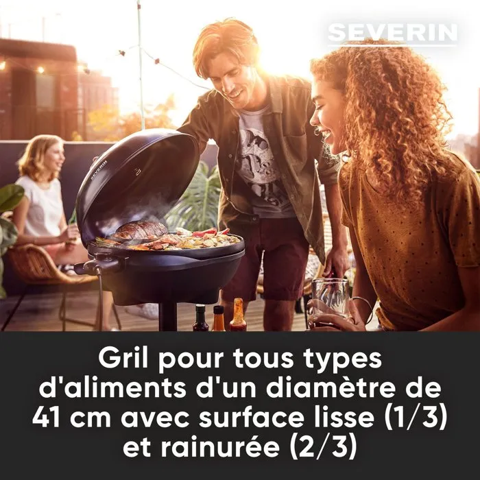 Severin Barbecue électrique PG8541 sur pieds - 2000 W - Grande surface de cuisson Ø 41 cm avec revêtement céramique, thermomètre et thermostat réglable - Noir mat