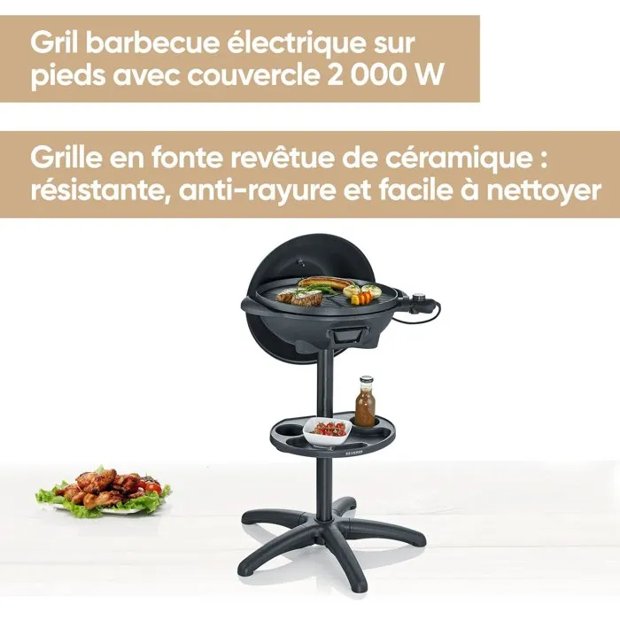 Severin Barbecue électrique PG8541 sur pieds - 2000 W - Grande surface de cuisson Ø 41 cm avec revêtement céramique, thermomètre et thermostat réglable - Noir mat