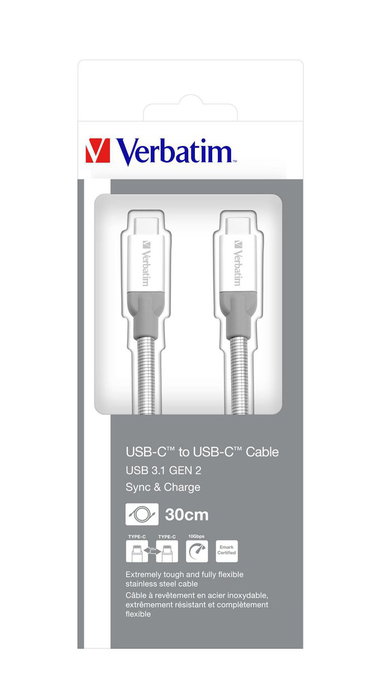 Verbatim Câble USB-C vers USB-C 30 cm en Acier Inoxydable - Transfert de Données et Charge Rapide USB 3.1 Gen 2 (10 Gbit/s), 3A, Revêtement Aluminium