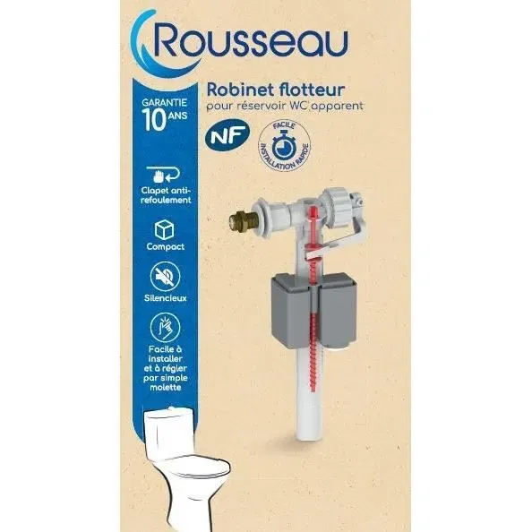 Rousseau - Robinet flotteur latéral avec embout laiton et clapet anti-refoulement pour réservoir WC apparent - NF
