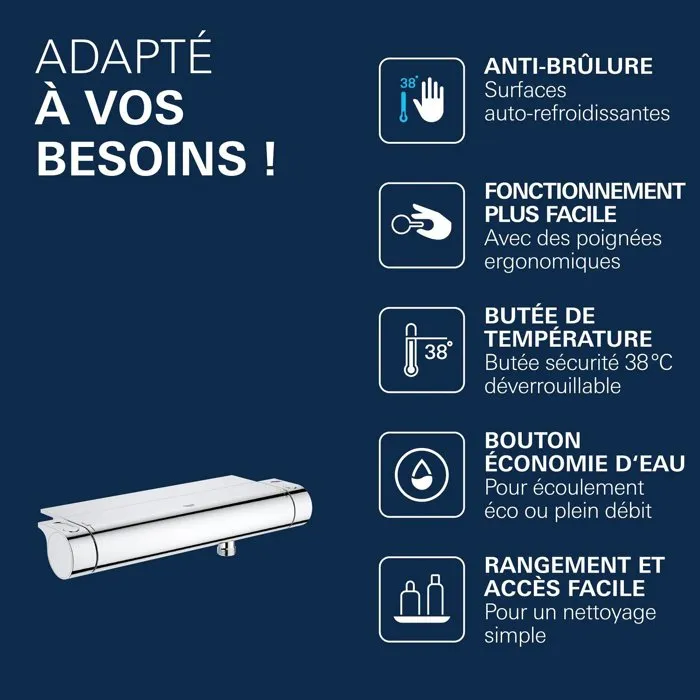 Grohe Mitigeur thermostatique de douche Grohtherm 2000 34469001 avec tablette porte-savon, limiteur de température et technologie TurboStat en chrome