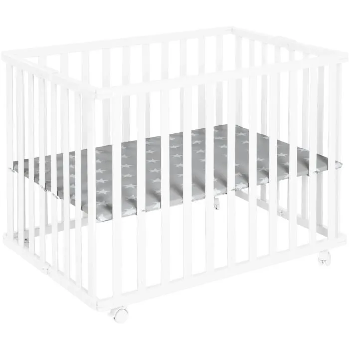 Roba Parc Bébé Pliable Little Stars 75 x 100 cm en Bois Laqué Blanc, Réglable Hauteur, Roues avec Freins, Motif Étoiles - Conforme Norme EN 12227