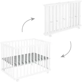 Roba Parc Bébé Pliable Little Stars 75 x 100 cm en Bois Laqué Blanc, Réglable Hauteur, Roues avec Freins, Motif Étoiles - Conforme Norme EN 12227