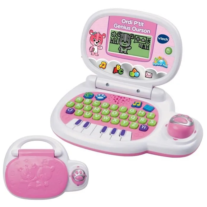 VTECH Ordi P'tit Genius Ourson Rose - Ordinateur éducatif enfant 2 à 5 ans, français, couleur rose, piles incluses, garanti 2 ans
