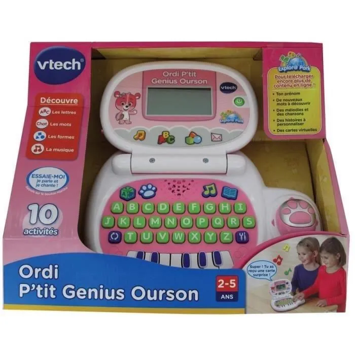 VTECH Ordi P'tit Genius Ourson Rose - Ordinateur éducatif enfant 2 à 5 ans, français, couleur rose, piles incluses, garanti 2 ans