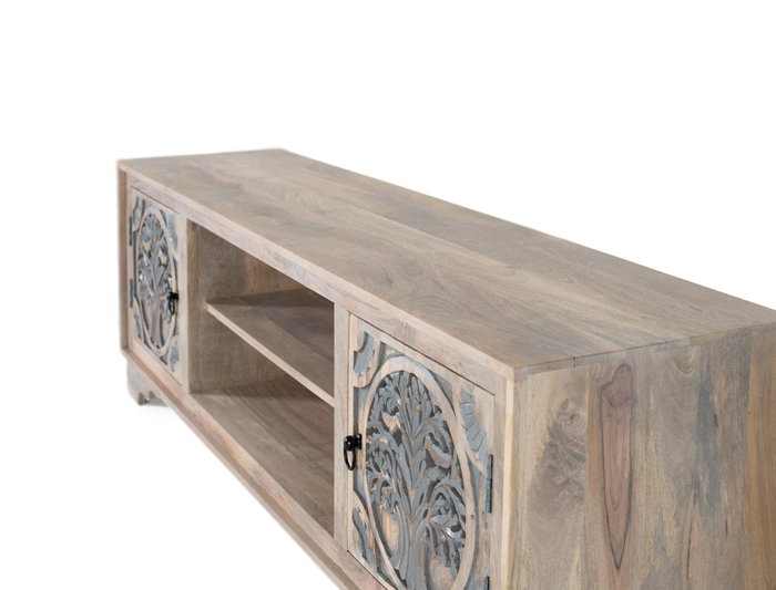 Mueble TV - Meuble téléviseur en bois de manguier avec 2 portes et 2 espaces, finition naturelle et bleue, ornement Arbre de Vie, dimensions détaillées Mueble TV - Meuble téléviseur en bois de manguier avec 2 portes et 2 espaces, finition naturelle et bleue, ornement Arbre de Vie, dimensions détaillées