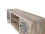 Mueble TV - Meuble téléviseur en bois de manguier avec 2 portes et 2 espaces, finition naturelle et bleue, ornement Arbre de Vie, dimensions détaillées