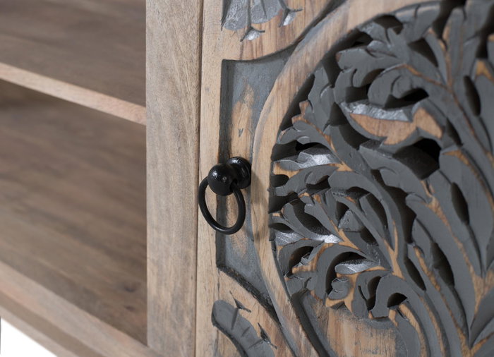 Mueble TV - Meuble téléviseur en bois de manguier avec 2 portes et 2 espaces, finition naturelle et bleue, ornement Arbre de Vie, dimensions détaillées Mueble TV - Meuble téléviseur en bois de manguier avec 2 portes et 2 espaces, finition naturelle et bleue, ornement Arbre de Vie, dimensions détaillées