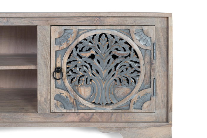 Mueble TV - Meuble téléviseur en bois de manguier avec 2 portes et 2 espaces, finition naturelle et bleue, ornement Arbre de Vie, dimensions détaillées Mueble TV - Meuble téléviseur en bois de manguier avec 2 portes et 2 espaces, finition naturelle et bleue, ornement Arbre de Vie, dimensions détaillées