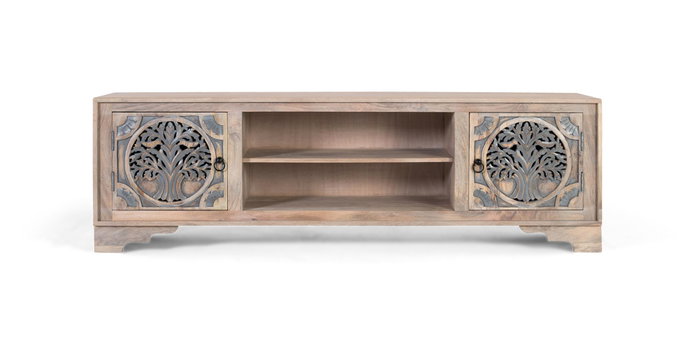 Mueble TV - Meuble téléviseur en bois de manguier avec 2 portes et 2 espaces, finition naturelle et bleue, ornement Arbre de Vie, dimensions détaillées Mueble TV - Meuble téléviseur en bois de manguier avec 2 portes et 2 espaces, finition naturelle et bleue, ornement Arbre de Vie, dimensions détaillées