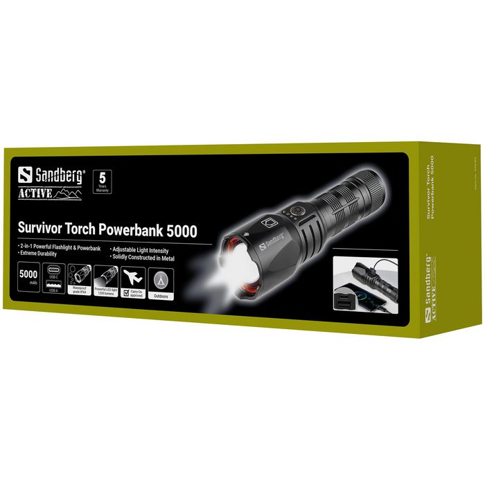 Sandberg Survivor Torch Powerbank 5000 - Lampe torche et batterie portable robuste, chargeur USB, résistante aux chocs
