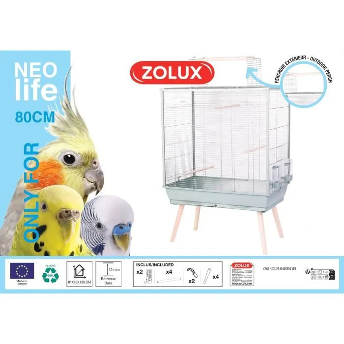 Zolux NéoLife Cage pour oiseaux surélevée 81 x 48 x 130 cm vert pour perruche, calopsitte, canari