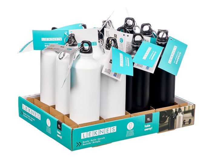 Leknes Bouteille Mousqueton 1000 ml Aluminium Plastique 8 x 26,8 x 8 cm Blanc Noir (Set de 24)